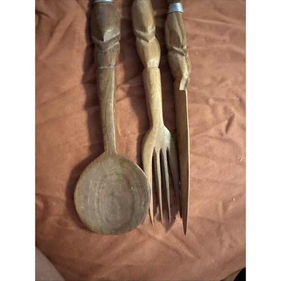 Kenya Hand-Carved Wood Utensils • Knife, Fork & Spoon • Vintage African 8" - Picture 6 of 8